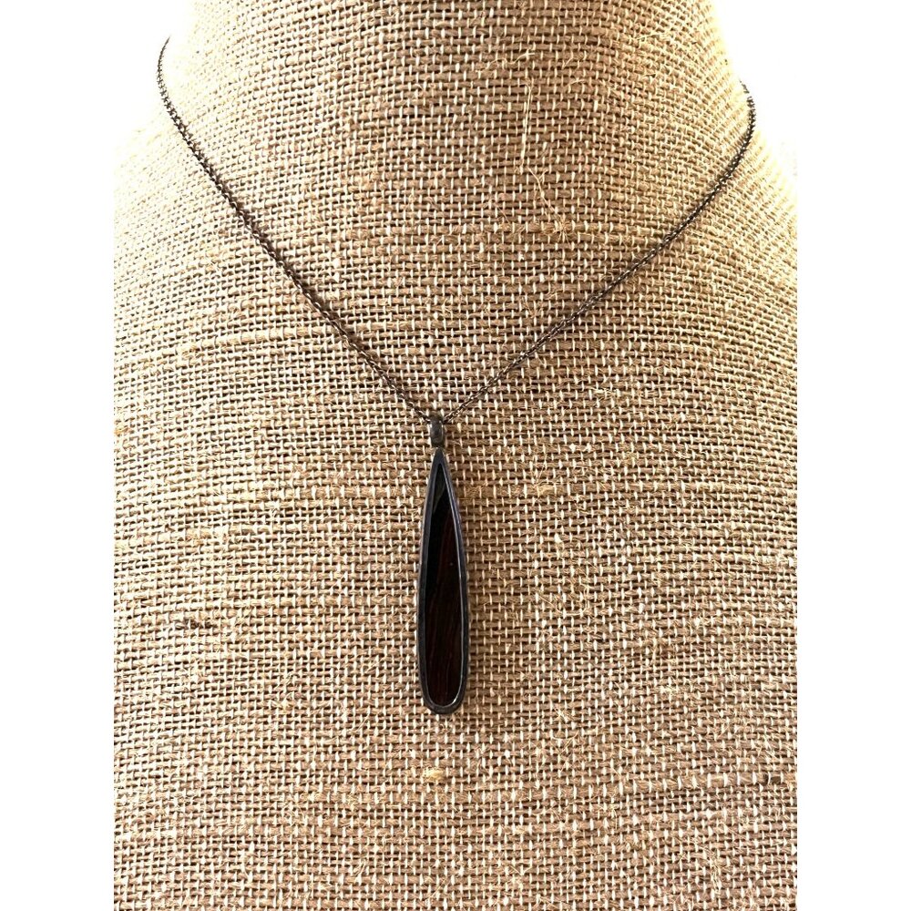 Karibou 925 Sterling Silver Necklace Boho Wood Teardrop Pendant 2" Used